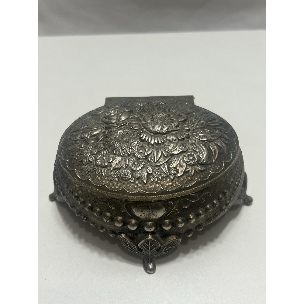 VINTAGE Pewter silver japan JEWERLY TRINKET BOX HINGED FOOTED VELVET LINED